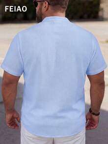 FEIAO 男士加大码复古硬币纽扣纯色华夫格 Polo 衫，简约休闲风格，时尚百搭，适合度假和通勤，舒适放松，轻松展现优雅气质。 - 淺藍色 - 查看 2