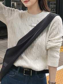 Women's Minimalist Twist Knit Crew Neck Sweater, Autumn/Winter - Beige - View 3