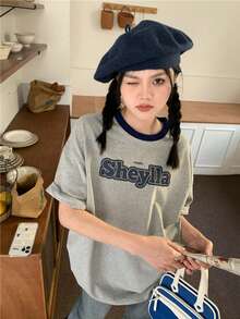 休闲厚绒字母印花宽松短袖T恤 - 灰色 - 查看 3