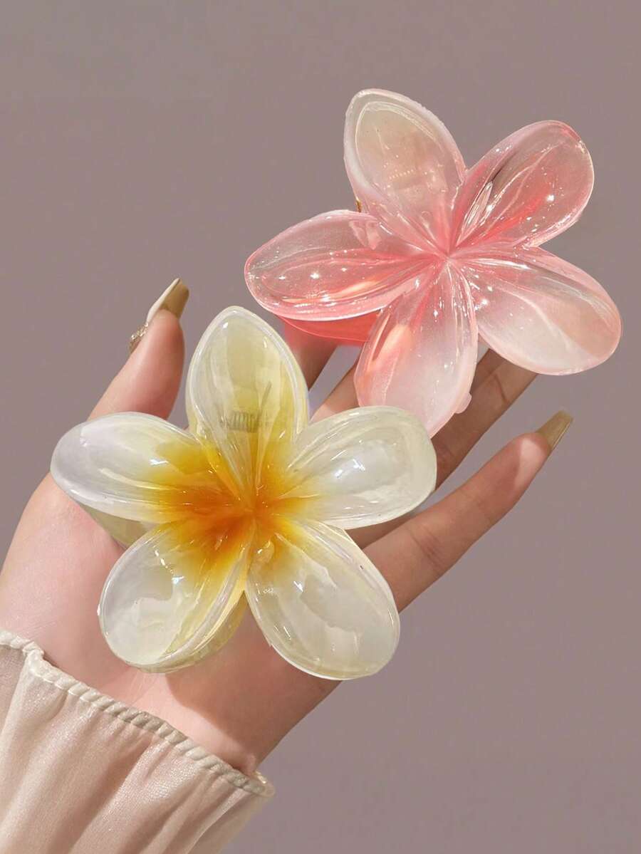 2个/1个女士波西米亚风白色和粉色蛋形花朵发夹，时尚发爪夹，优雅简约纯色发爪，适合日常、休闲、派对、海滩、度假、发型设计、洗头、化妆、服装配饰，秋冬春夏皆宜，夏季发饰花朵发爪夹沙滩发夹 - 彩色 - 查看 1