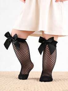 2 Pairs Baby Girls' Cute Bow Fishnet Socks, Elastic Breathable Mesh Mid-Calf Socks, Suitable For Summer - Black and White - View 6