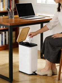 1pc 5L Large Capacity Rectangular Iron Trash Can With Bamboo Lid, Black & White Options, Pedal Open Garbage Bin For Living Room, Bathroom, Toilet - Multicolor - View 6