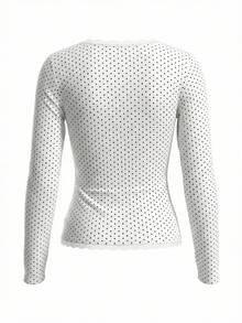 French Lace Polka Dot Ruffle V-Neck Long Sleeve Women's Spring Slim Fit Sexy Base Layer Top White - White - View 7