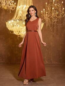 SUPGIR [随机印花] 女士长袖亮片拼接腰带晚礼服 - 橘色 - 查看 2