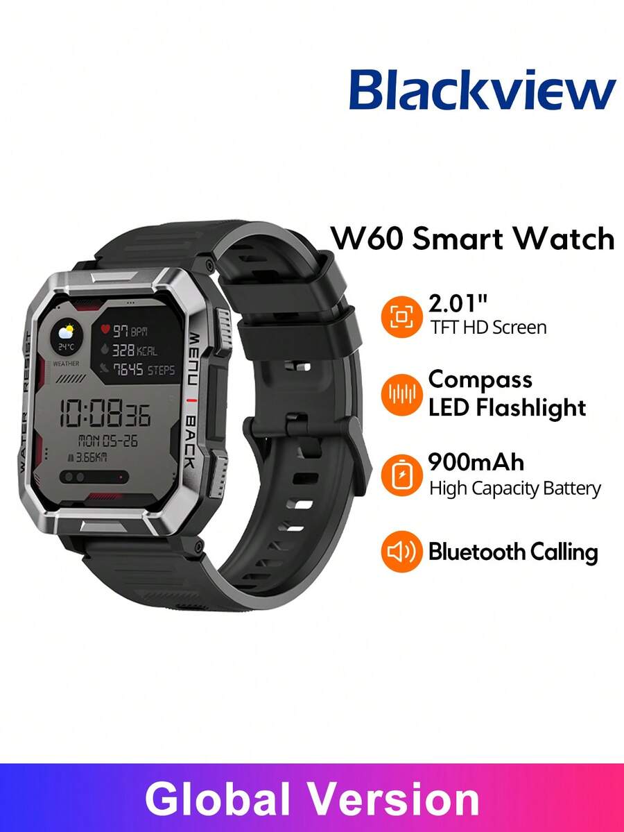 Blackview Smart Watch W60 Global Version With Built-In LED Flashlight, IP68 Waterproof & Dustproof, High-Quality Call Dialing And Answering, 2.01" Large Touchscreen, 900mAh Large Battery Capacity, 30-Day Usage After One Charge - Black - View 1