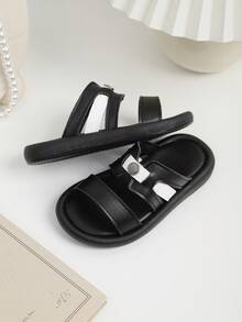 1 Pair Kids Open Toe Anti-Slip Beach Sandals, Children Casual White Bottom Classic Soft Bottom Leisure Slippers, Versatile Toddler Walking Sandals - Black - View 7