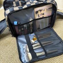 Checkered Toiletry Bag For Women,Large Capacity Waterproof Makeup Bag,Multi-Partitions Plaid Cosmetic Organizer,Wide-Open Travel Handbag - Coffee - View 3