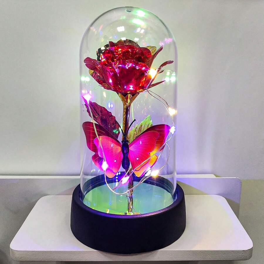 Eternal Glass Rose With LED Lights In Dome - Romantic Gift For Her, Valentine's Day, Mother's Day, Christmas, Birthday - 蝴蝶大紅彩燈 - 查看 1