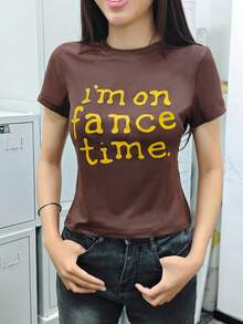 Women's Round Neck Short Sleeve T-Shirt, American Style Babe, Summer New Letter Print, Slim Fit Fashion Cropped Top - Brown - View 2