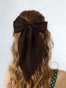 1 chiếc kẹp tóc nơ màu nâu cỡ lớn có đuôi dài, kiểu dáng duyên dáng, phụ kiện tóc cho bé gái và thanh thiếu niên, thích hợp sử dụng hàng ngày. - màu nâu - Xem 3