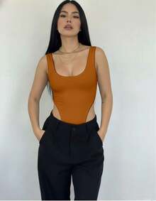 Women's Tank Top Bodysuit With High-Cut Leg And Shaping Detail, Basic, Casual, Sensual, Fashionable, Super Versatile, With Padded Cups - Màu nâu  Mocha - Xem 2