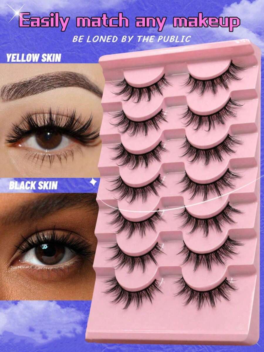 7对仿貂毛假睫毛，自然蓬松3D浓密型，柔软交叉纤长款，适合派对旅行妆容（MA08）假睫毛，睫毛，假睫毛，假睫毛 - 黑色 - 查看 1