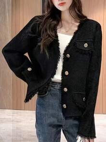 女士优雅流苏设计开衫毛衣，秋冬黑色 - 黑色 - 查看 1