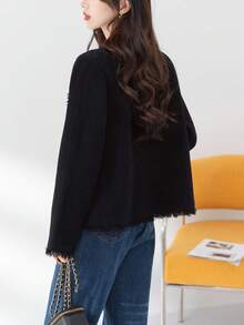 女士优雅流苏设计开衫毛衣，秋冬黑色 - 黑色 - 查看 2