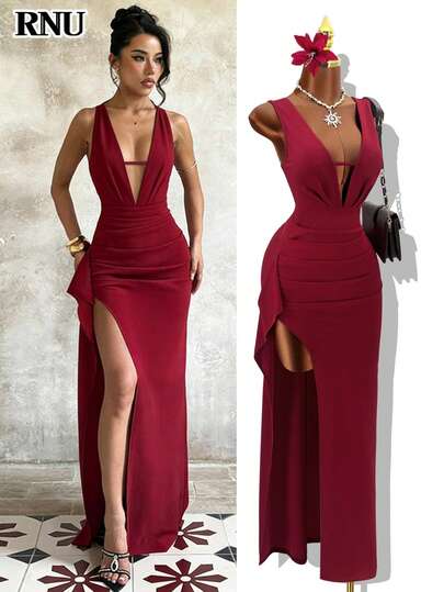 RNU Women's Sexy Deep V-Neck Burgundy Long Dress, Elegant And Comfortable Stretchy Fabric, Suitable For Formal Dinners, Birthday Parties, Nightclubs, New Year, Christmas, Dates, Gatherings, Concerts, All Seasons