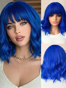 Tóc giả ngắn xoăn màu xanh gradient 16 inch dành cho nữ, có mái bằng, chất liệu tổng hợp, thích hợp sử dụng hàng ngày hoặc hóa trang. - Màu xanh lam - Xem 6