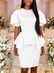 女士白色优雅迷你荷叶边连衣裙，荷叶边花瓣袖，彼得潘领，修身款式，适合婚礼宾客穿着 - 白色 - 查看 4