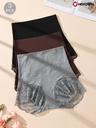 3pcs/Pack High Waist Lace Patchwork Women's Briefs, Elastic Soft Comfortable Ladies Underwear