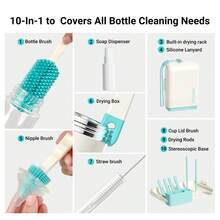 10-In-1 Set Silicone Bottle Brush, Pacifier Brush, Straw Cleaning Tool, Bottle Mouth Brush, 10-In-1 Set - Mint Blue - View 4