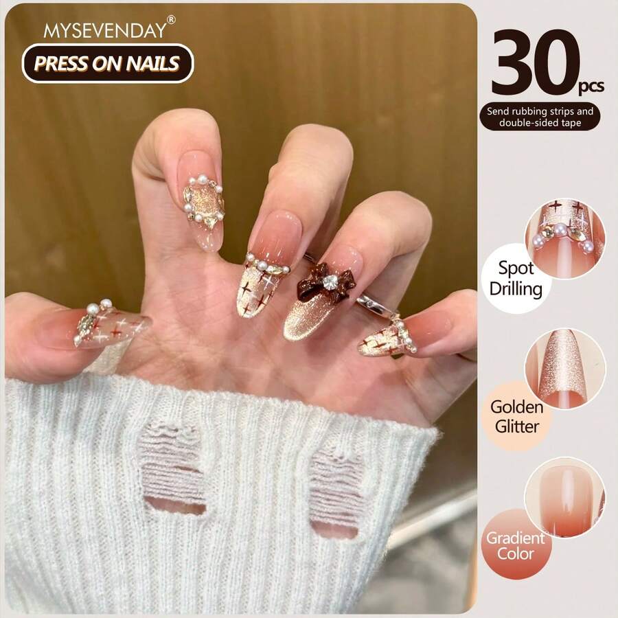 30片杏仁形/3D蝴蝶结仿珍珠水晶装饰假指甲，法式全覆盖美甲，带香味，可重复使用，提升日常美甲优雅度 - 彩色 - 查看 1