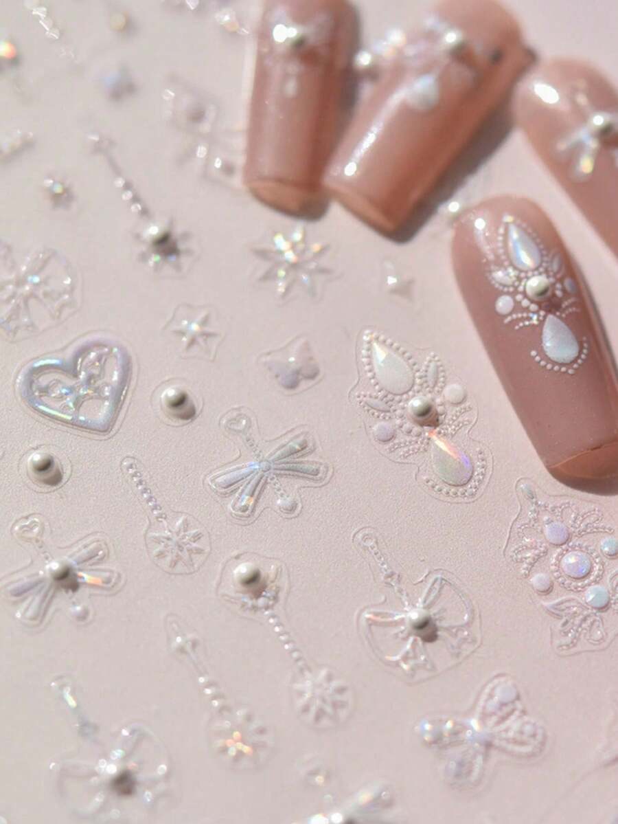 1 pieza Pegatinas de uñas con diamantes de cristal 5D Lazo láser Estrella Luna Perla Tótem Corazón 3D Adhesivo Decoración de arte de uñas japonés Pegatinas de uñas Suministros para uñas - Blanco - Ver 1