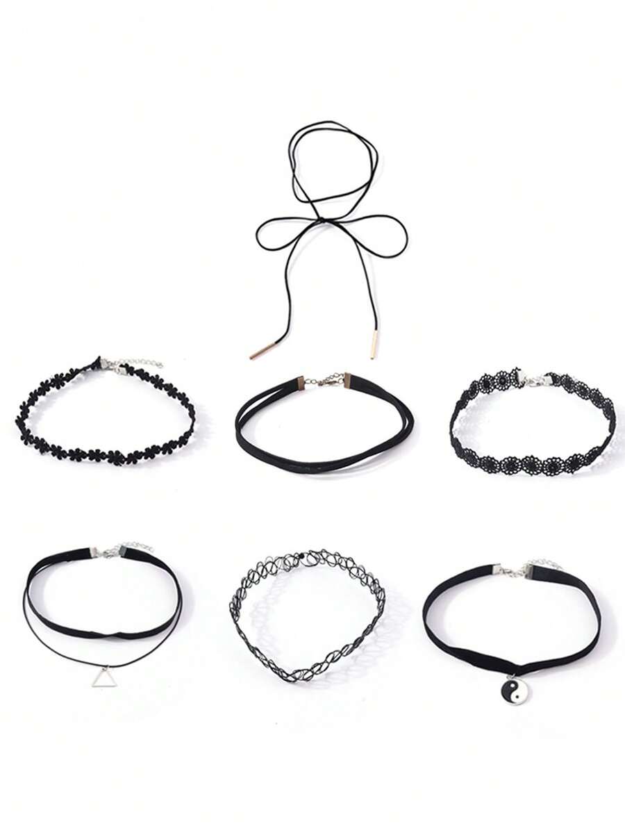 7pcs Gothic Style Lace Choker, Tassel Necklace & Collar Necklace Set For Women - Multicolor - View 1