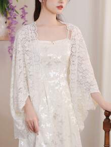1pc Women Lace Shawl Cardigan, Lightweight Batwing Sleeve Sun Protection Air Conditioning Coat, Suitable For Summer Dresses - Apricot - View 2