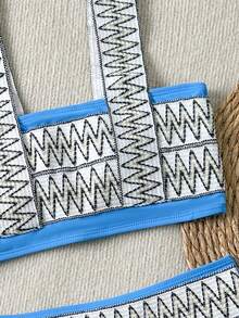 Purple Personalized Ribbon Patchwork Holiday Women Swimsuit Set - Blue - View 3