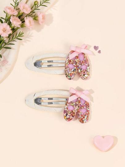 2pcs Ballet Shoes Decor Snap Hair Clips For Girls Delicate Glitter Shoes Decor BB Clips Cute Sweet Dancer Hair Clips Pretty Princess Daily Headwear Dance Party Hairpins Teens Hair Accessories