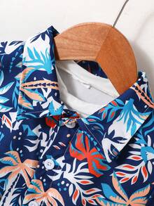 Boys' Short Sleeve Shirt Set, Summer New Arrival Sports Casual Coconut Tree Print Full-Printed Tops And Pants Matching Sun Hat Three Pieces, Perfect For Vacation - Multicolor - View 3