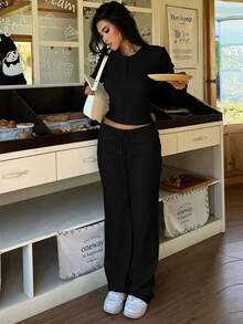 Women's Solid Color Casual Minimalist Commuter Street Style Set, Long Sleeve Top And Pants Black Spring - Black - View 4