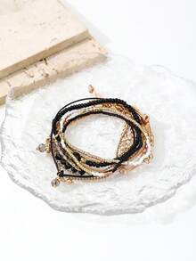 7pcs Handmade Beaded Bracelet Set, Black Crystal Beads, Rice Beads, Contrast Color Pendant, Minimalist Ins Style - Gold - View 4