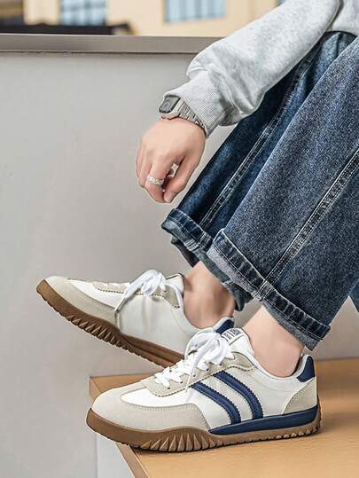 Spring New Men's Shoes American Retro Street Skateboard Shoes Versatile Casual Classic Minimalist Niche Hip-Hop Outdoor Daily Commute Sports Low-Top Casual Shoes, Patchwork Contrast Color Comfortable Personalized Flat Casual Sneakers For Young Men