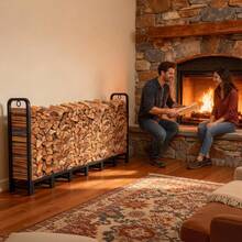 Estante de madera de metal de 8 pies, estante ajustable para madera de fuego con 2 anillos de bloqueo, soporte para troncos interiores y exteriores, soporte de leña resistente, soporta hasta - Negro - Ver 7