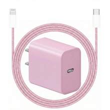 20W墙式充电器套装，粉色充电适配器，配备100厘米尼龙编织防缠绕USB-C转iOS充电线，兼容 14/13/12/11 Pro Max Plus，便携式充电套装 - 美規A型插(110-127V) - 查看 1