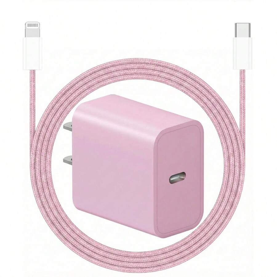 20W墙式充电器套装，粉色充电适配器，配备100厘米尼龙编织防缠绕USB-C转iOS充电线，兼容 14/13/12/11 Pro Max Plus，便携式充电套装 - 美規A型插(110-127V) - 查看 1
