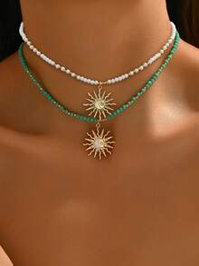 2件套独特设计串珠太阳、月亮和水滴吊坠项链，女士款 - 彩色 - 查看 7