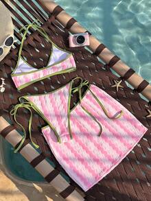 Bộ bikini mùa hè dành cho nữ, chất liệu vải dệt họa tiết, kiểu dáng tươi mát, thích hợp cho kỳ nghỉ biển và các bữa tiệc, đồ đi biển và trang phục thường ngày cho nữ. - Bột xanh - Xem 4