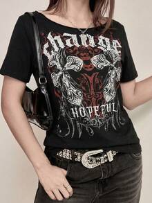 Camiseta gráfica de manga corta con hombros abiertos asimétricos, estilo gótico de los años 2000, de color negro, para mujer, de estilo punk y casual de calle para el verano - Negro - Ver 5