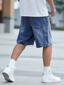 Quần short denim ống đứng dáng ôm vừa vặn màu xanh thép sáng phong cách Châu Âu & Mỹ dành cho thanh thiếu niên - Rửa trung bình - Xem 2