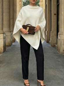 Women's Asymmetric Poncho Style Sweater, Round Neck Batwing Sleeve Knit Top - Beige - View 4
