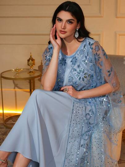 Abaya larga elegante, decorada con perlas y bordado de lentejuelas, vestido de cuello redondo y mangas murciélago, vestido árabe, tejido no elástico, primavera