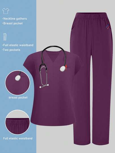 cimmuovere Conjunto de uniformes para mujer - Blusa de cuello redondo de manga corta y pantalones sueltos de bolsillo de unicolor, uniformes de enfermera para dentistas, personal de salud, veterinaria y laboratorio