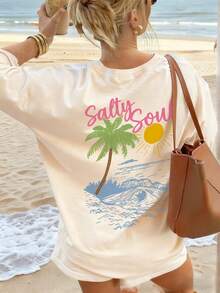 SALTY SOUL 女士春夏新款海滩度假椰树阳光印花休闲圆领短袖T恤，时尚百搭，日常及假日必备单品。印花T恤 - 杏色 - 查看 6