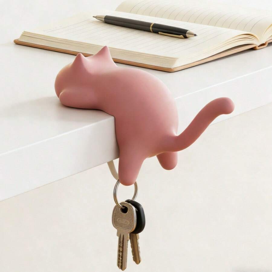 Cat Shape Desk Hook, No Drill Adhesive Table Side Hanger For Bags, Backpacks & Purses, Heavy Duty Under Desk Hook For Office, School & Home - Pink - View 1