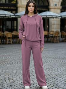 Conjunto De Doble Pieza Con Diseño Minimalista Relajado Versátil Y Corte Amplio Cómodo Con Ajuste Suelto Moderno Para Mujer - Palo de Rosa Rayas - Ver 3