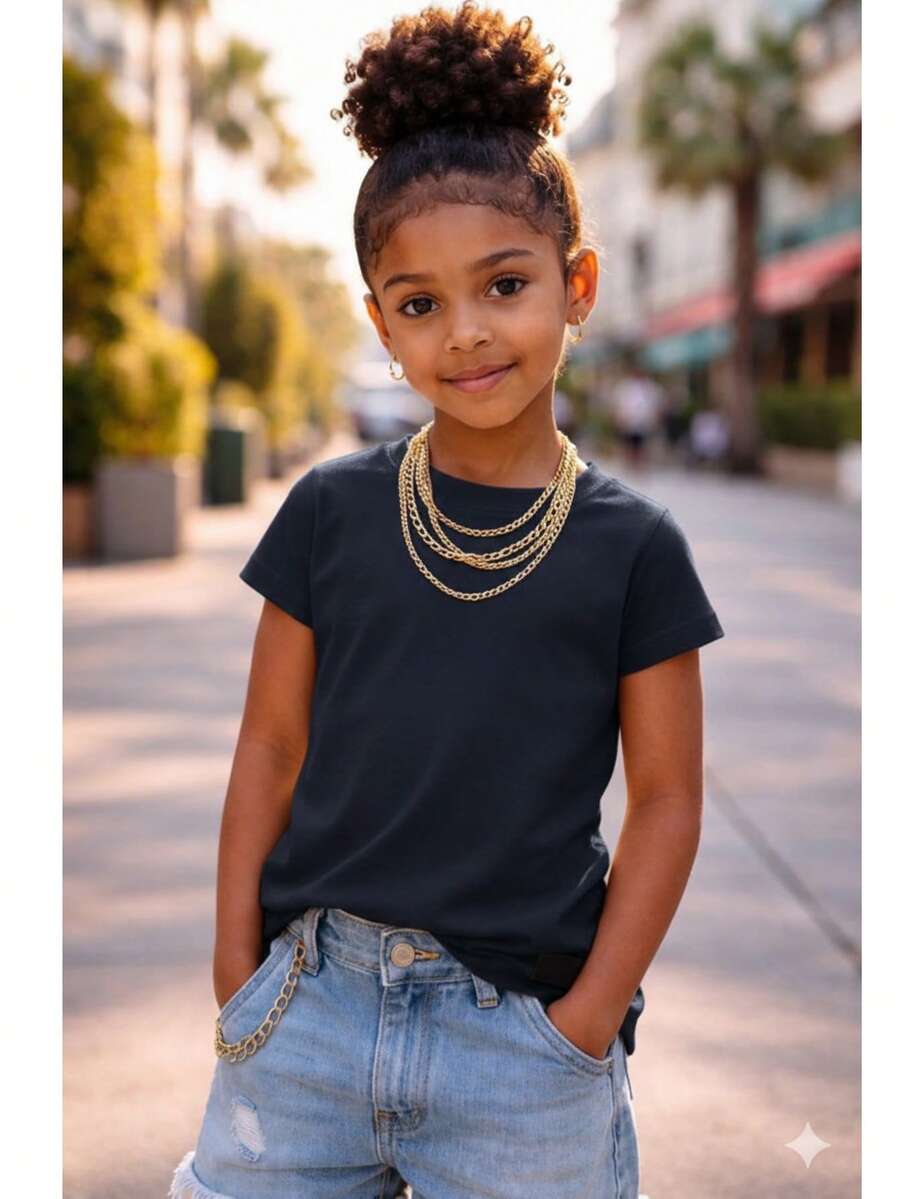 Girls' Streetwear T-Shirt, 100% Cotton, Sizes 2 To 16. Lightweight And Cool For Children And Teenagers. - 藏蓝色 - 查看 1