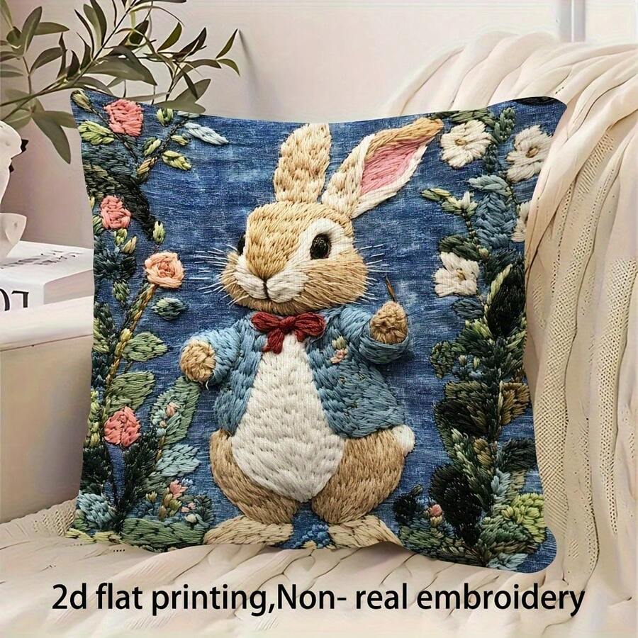1件复古兔子装饰枕套，2D印花非刺绣，拉链封口，毛绒质感，适合卧室装饰 | 复古风格 | 复活节装饰，四季皆可机洗，不含枕芯，适用于沙发、床、汽车座椅 - 寶藍色 - 查看 1