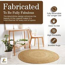 Handwoven 4ft Jute Area Rug Natural Fiber Cotton Round Boho Farmhouse Rustic Vintage Soft Braided Reversible  Friendly Rugs- Indoor Outdoor Kitchen Bedroom Living Room Hallways (4'ft Round) - 自然-13 - 查看 10