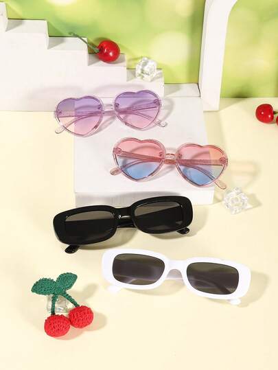 一套4副，男女童（6-12岁）休闲基础款长方形和心形聚碳酸酯镜框时尚眼镜，适合户外和日常穿搭，带眼镜盒